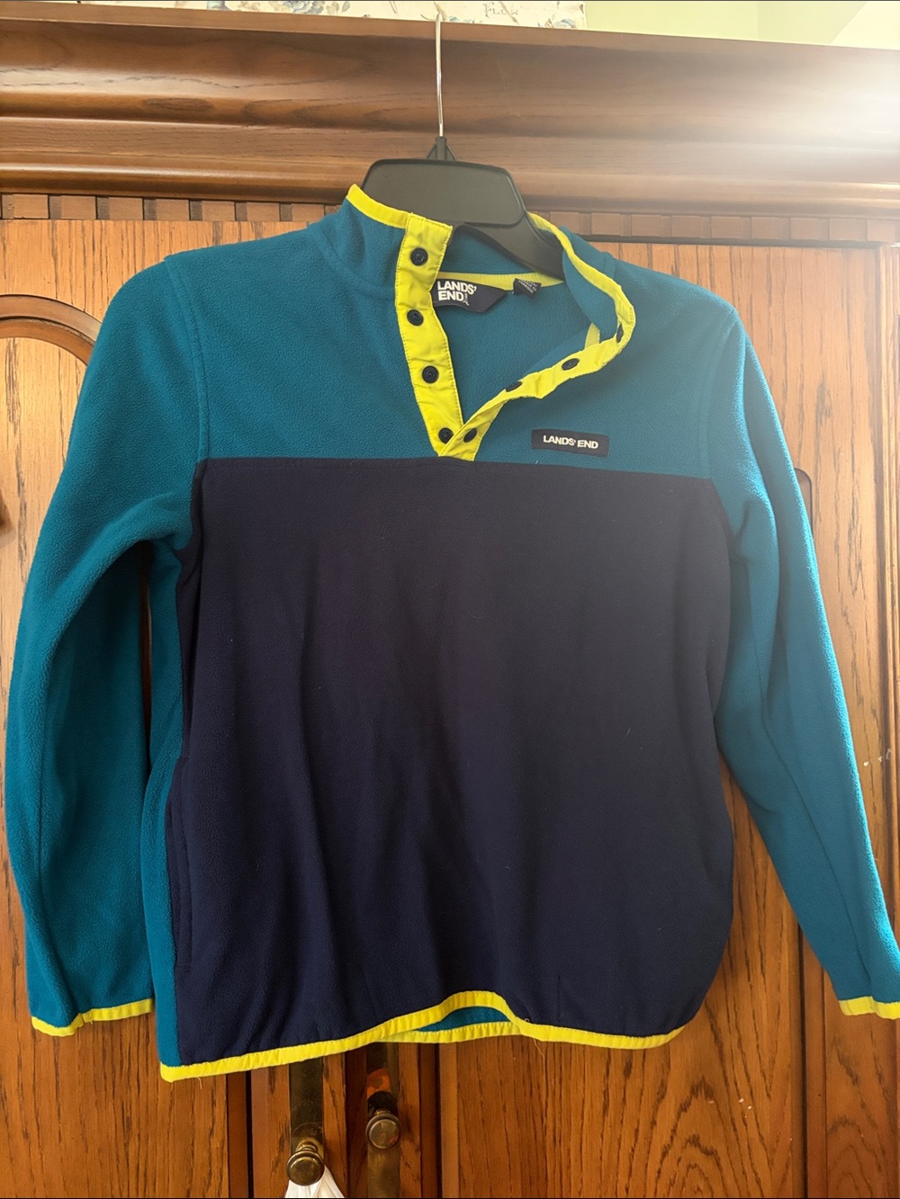 Lands' End Boys Teal & Navy Fleece Pullover with Yellow Trim